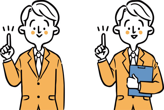 ポイントを説明する男性会社員　上半身　ベクター（オレンジ）