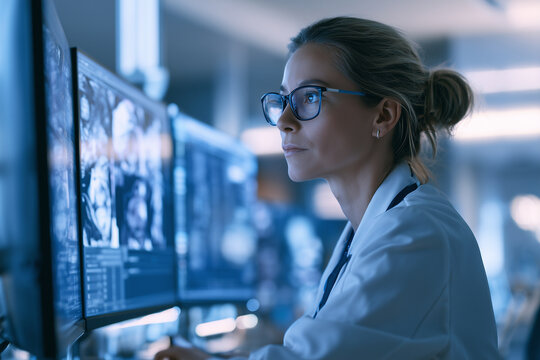 Medical Researcher Analyzing AI-Assisted Medical Images in a Laboratory