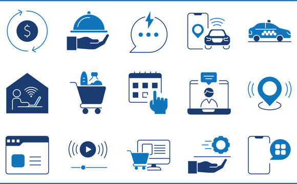 A set of icons related to On-Demand. Stream, delivery, taxi service, digital content, subscription, and so on.