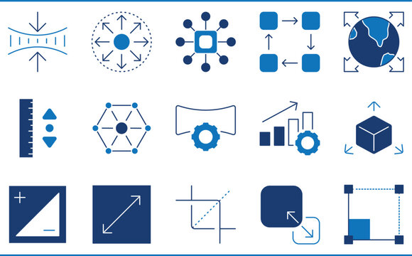 A set of icons related to Scalability. Scale, stretch, expand, positive, negative, and so on.