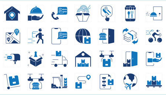 A set of icons related to Delivery. Deliver, cargo, transport, land, sea, air, shopping, food, mail, and so on