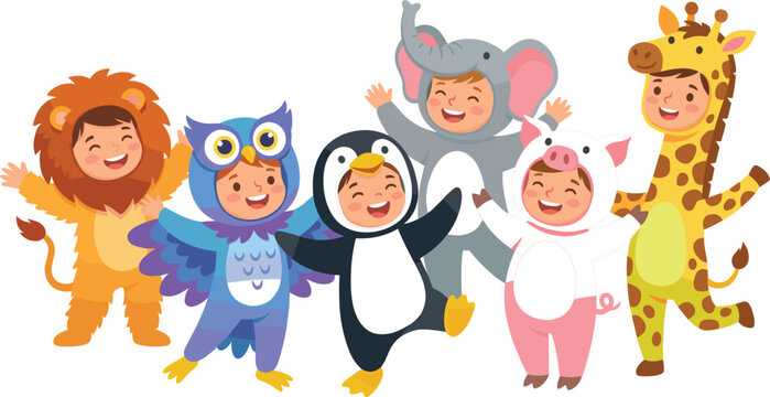 Happy children wearing lion, owl, penguin, elephant, pig and giraffe animal costumes in cheerful cartoon character collection