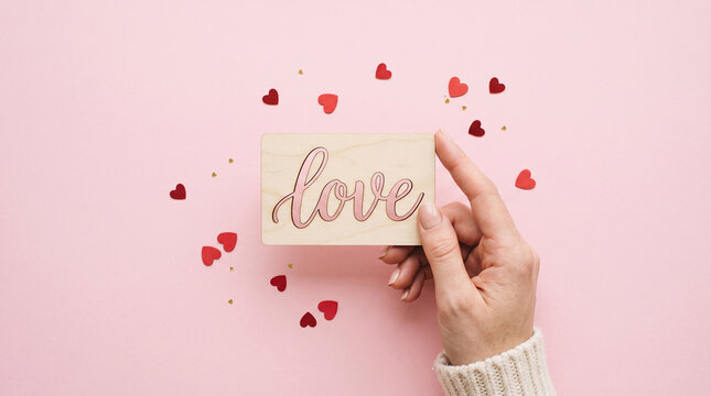 Hand holding small wooden block with love text on pink backdrop perfect for promoting romantic holiday greetings and affectionate valentine messages