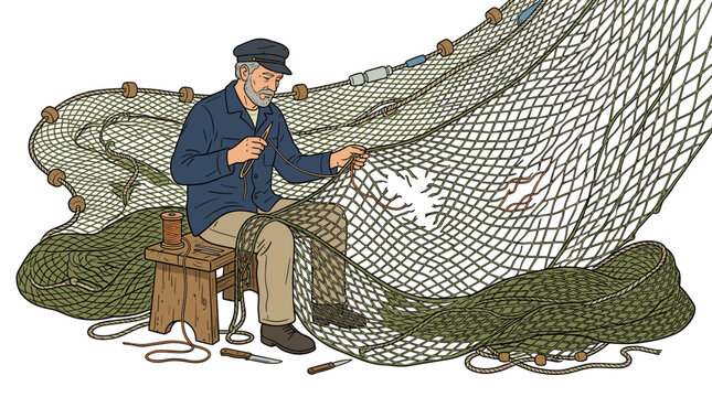 Elderly Fisherman Mending a Large Fishing Net with Skill and Care