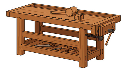 Fototapeta premium Traditional Wooden Workbench with Carpentry Tools and Mallet
