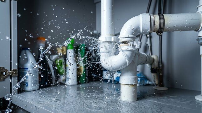 Burst PVC plumbing pipe spraying water under kitchen sink causing urgent home maintenance leak repair