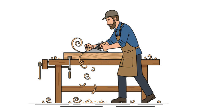Carpenter working on wood with a hand plane on a workbench with shavings flying