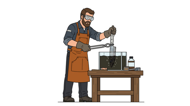 Blacksmith working with metal in a workshop with safety gear and tools