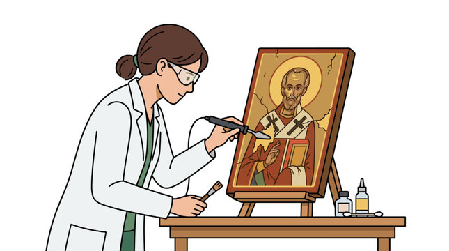 Art Conservator Restoring an Ancient Religious Icon Painting with Tools