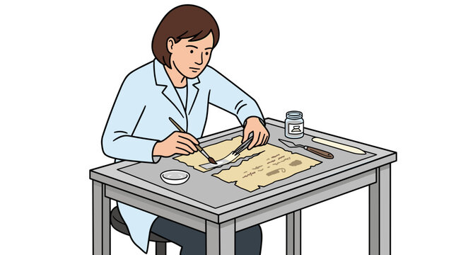 Scientist carefully restores an old document with a brush and ink at a desk
