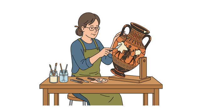 Archaeologist restoring ancient Greek pottery with intricate designs on a table