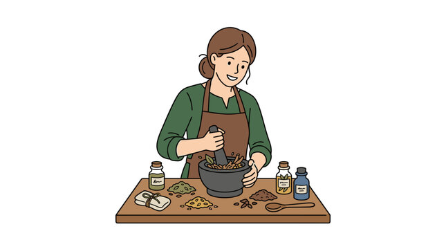 Woman grinding herbs and spices in a mortar and pestle for natural remedies