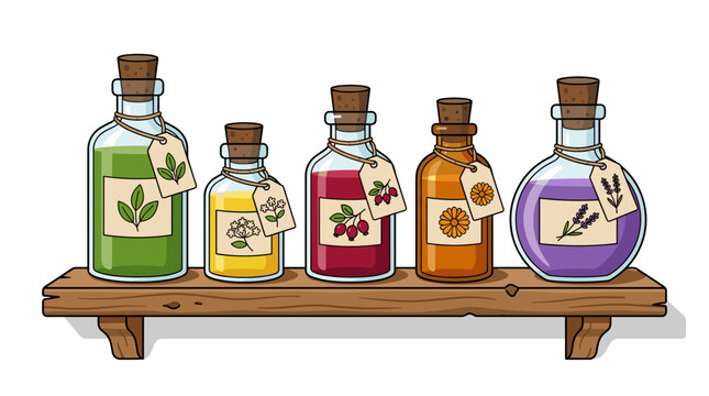 Assortment of colorful herbal tinctures and essential oils in glass bottles on a wooden shelf
