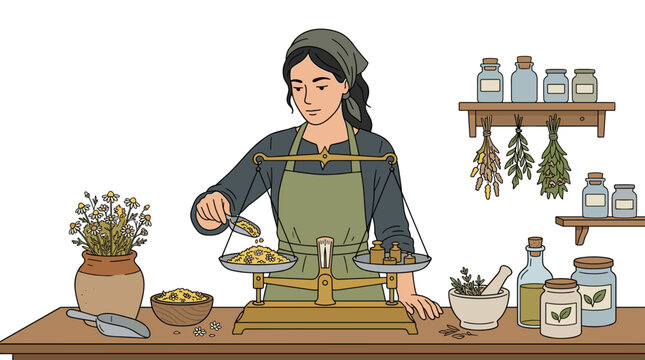 Herbalist weighing ingredients on a vintage scale in a rustic apothecary shop