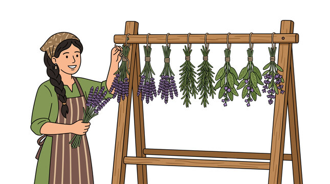 Woman drying herbs and lavender on a wooden rack in a rustic setting