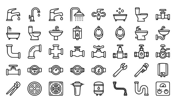Plumbing Sanitary Faucet Pipe Valve Toilet Sink Water Heater Outline Vector Icon Set