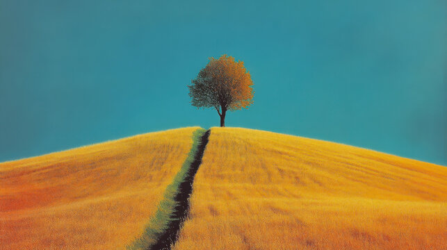 tree and blue sky and wheat field in summer