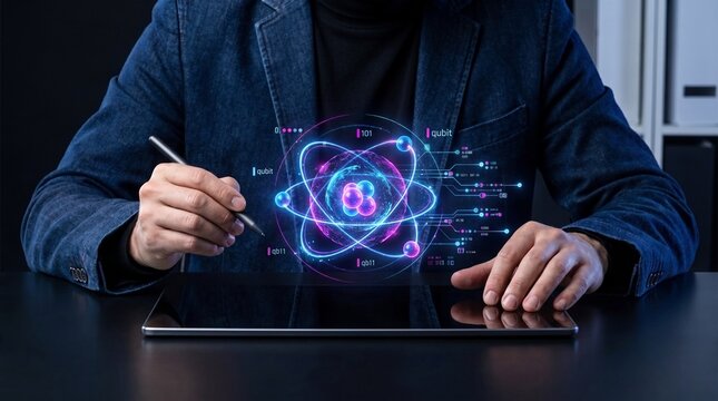 quantum computing technology. scientist interacting with a holographic atomic model. advanced research and innovation concept. dark laboratory with blue and purple neon lighting.

