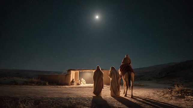 Three travelers with camel arriving at the manger under the bright star of bethlehem