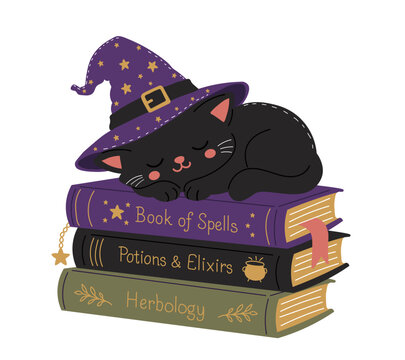 Cute black cat sleeping on a stack of magical witch books wearing a purple wizard hat. Halloween illustration isolated on white, perfect for spooky, magical, autumn and seasonal designs.