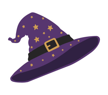 Halloween witch hat with stars and buckle. Purple pointed hat vector illustration magical spooky design for Halloween decor, costume, party, and seasonal prints.