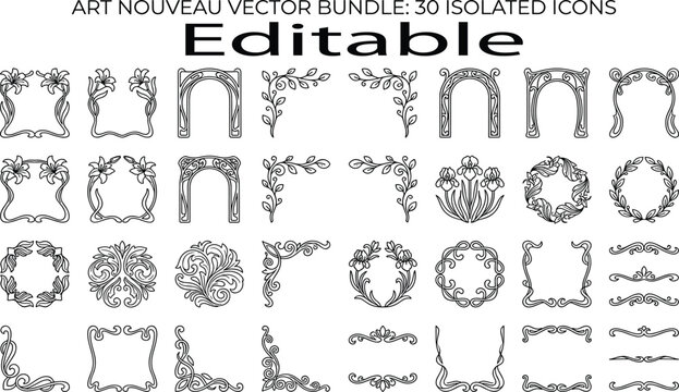 Art Nouveau vector bundle 30 isolated floral frames arches and borders line art set