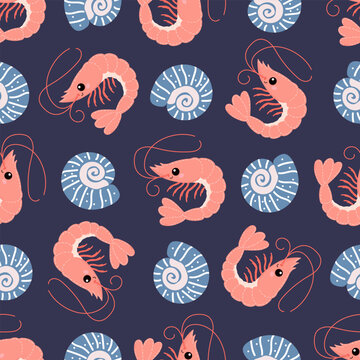 Shrimps and seashells on dark navy background. Vector seamless pattern with cute pink shrimps and blue seashells. Underwater animals. Hand drawn flat style illustration. Marine ocean pattern for fabri