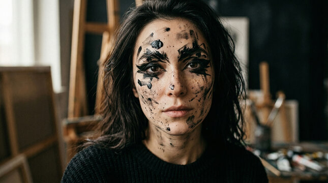 Creative portrait of woman with messy black paint on face perfect for showcasing expressive artistic concepts and bold unconventional aesthetics
