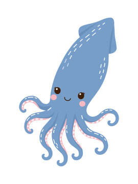 Cute blue cartoon squid vector illustration isolated on white