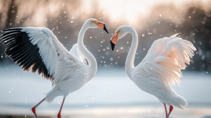 Obraz premium white flamingo flying with snow on blur background