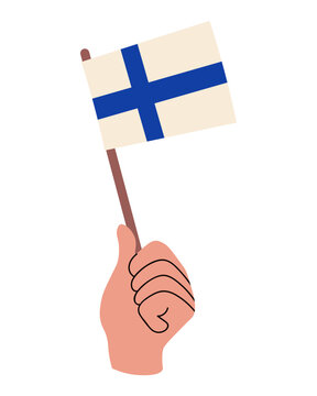 Finland flag held in a human hand. Finnish flag vector illustration isolated on white. Ready for national Finland celebration, travel, culture, education, and patriotic design.