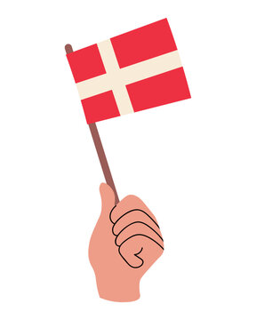 Denmark flag held in a human hand. Danish flag vector illustration isolated on white. Ready for Denmark national celebration, travel, culture, education, and patriotic design.