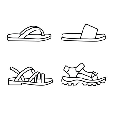 Set of vector line art icons featuring various styles of casual summer sandals and footwear.
