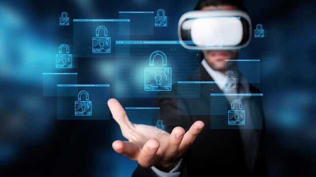 Businessman in Virtual Reality Headset Engaging with Digital Security Locks and Protecting Data Integrity in Cyber World. Entropy.
