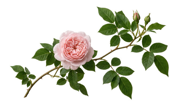 Rose branch with blooming flower, buds and natural foliage isolated on transparent background.