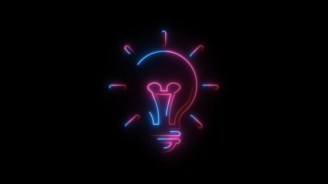 Pink and blue neon light bulb outline on black background symbolizing creative ideas and innovation