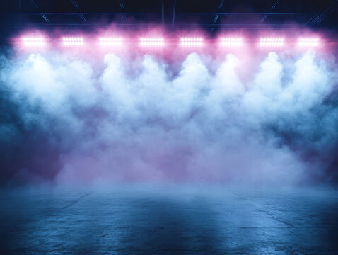 scene, stage light with colored spotlights and smoke