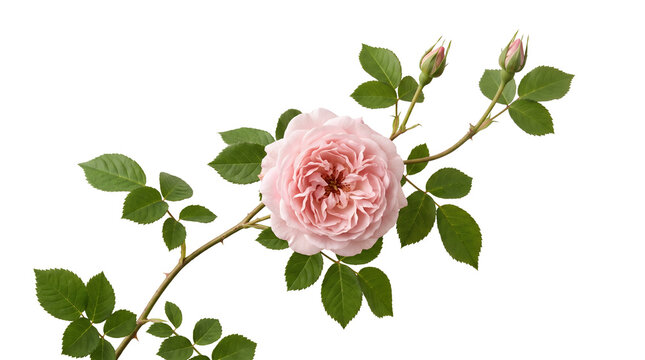 Rose branch with blooming flower, buds and natural foliage isolated on transparent background.