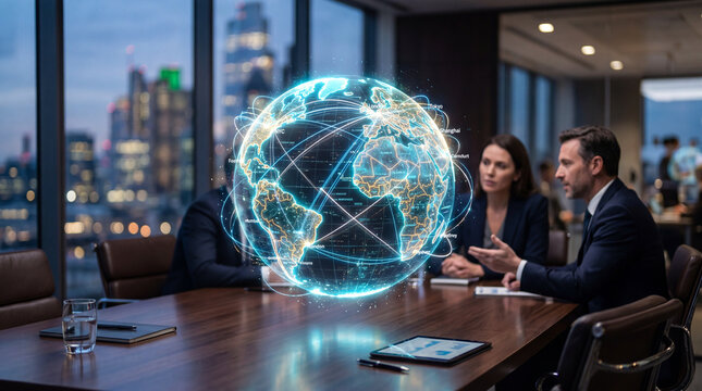Corporate business team having a strategy meeting around a futuristic glowing holographic earth network in a modern boardroom