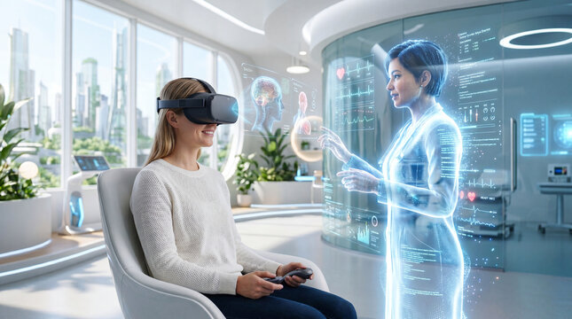 Smiling woman wearing VR headset having a virtual medical consultation with a holographic AI doctor in a futuristic clinic.