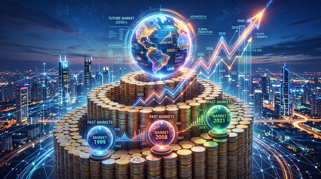 Futuristic wealth management and economic forecasting concept featuring glowing data charts, percentage growth, and money on a desk.