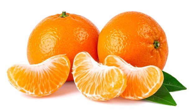 Fresh navel oranges with green leaves on white.