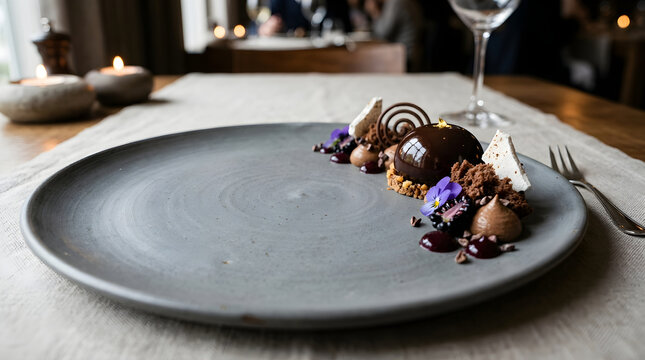 Elegant chocolate dome dessert with hazelnut mousse and berries served on dark ceramic plate in fine dining setting.