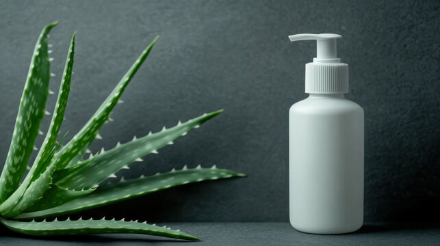 A white bottle of cream, shampoo with a black dispenser and an aloe vera flower