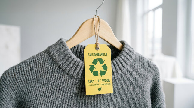 Grey knitted sweater on a wooden hanger with a yellow sustainable wool and slow fashion clothing tag.