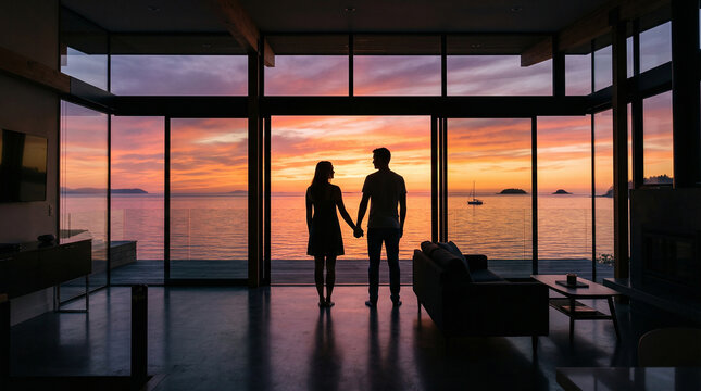 Romantic couple holding hands looking out modern window at sunset perfect for showcasing peaceful luxury real estate and deep loving relationships