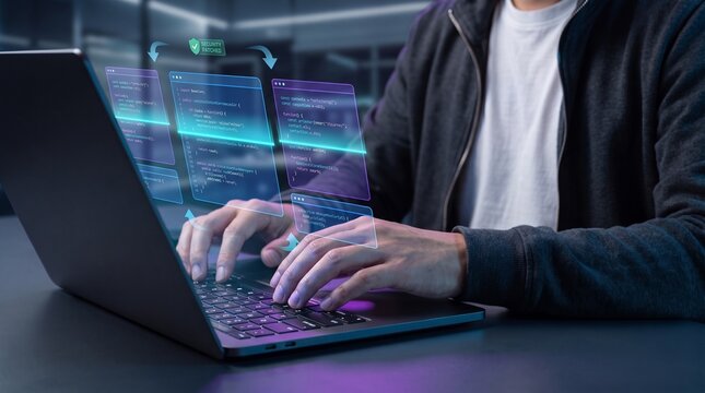 cybersecurity software development. programmer typing code on a laptop with holographic security patches and encrypted data panels. futuristic workspace with blue and purple neon lighting.

