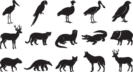 Fototapeta premium Set of black silhouettes of pantanal wildlife, including birds, mammals, reptiles, and deer species on a white background