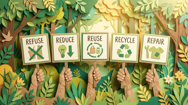 Paper Cut Hands Holding 5R Sustainability Signs