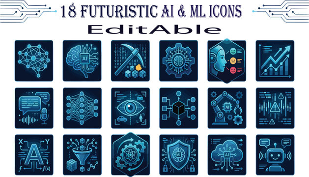 Futuristic AI and machine learning vector icon set